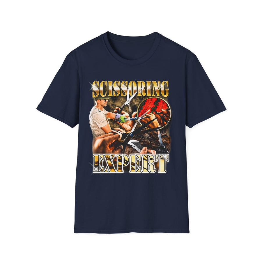 Scissoring Expert Dark Humor Graphic Tee - Detail Shot | INKHAUS