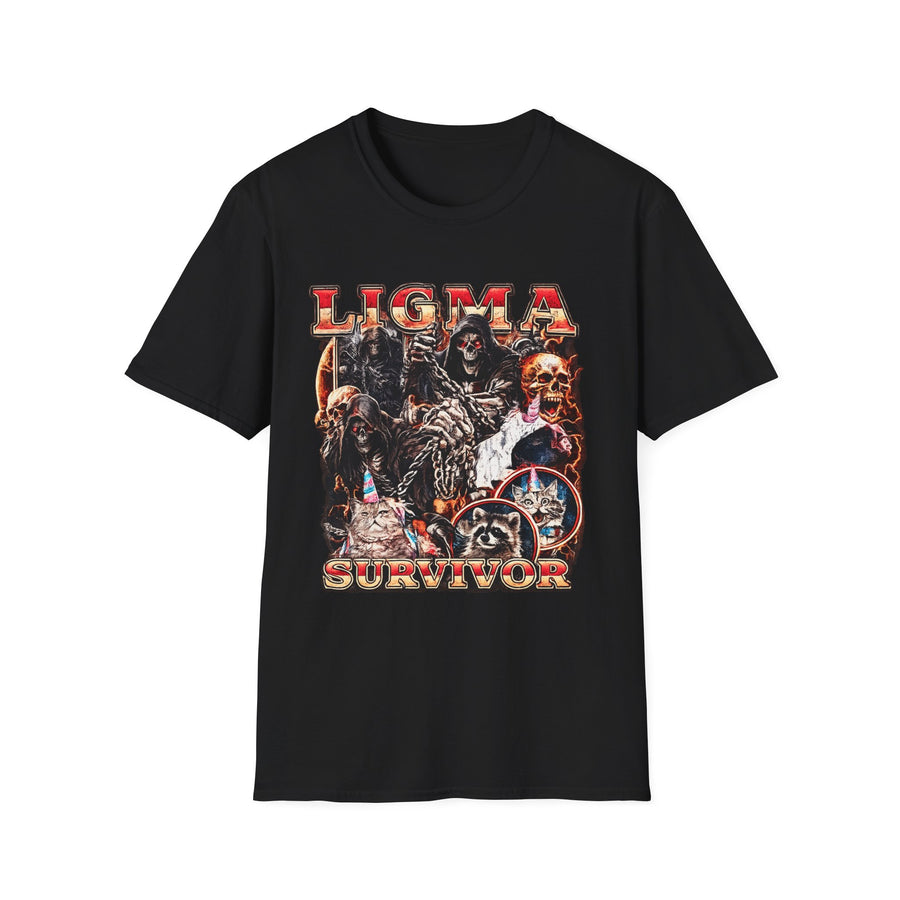 Ligma Survivor Internet Meme Graphic Tee - Front View | INKHAUS