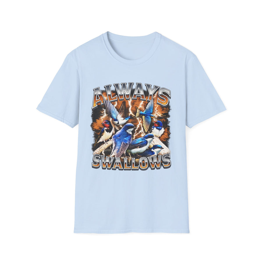 Always Swallows Dark Humor Graphic Tee - Lifestyle View | INKHAUS