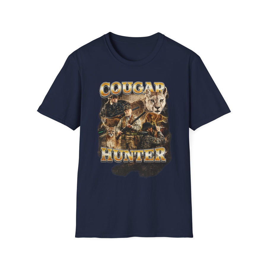 Cougar Hunter Dark Humor Oversized Tee - Detail Shot | INKHAUS