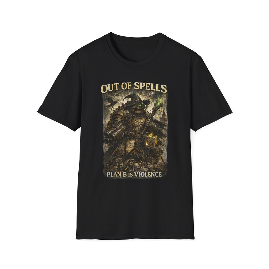 Out of Spells Fantasy Wizard Graphic Tee - Front View | INKHAUS