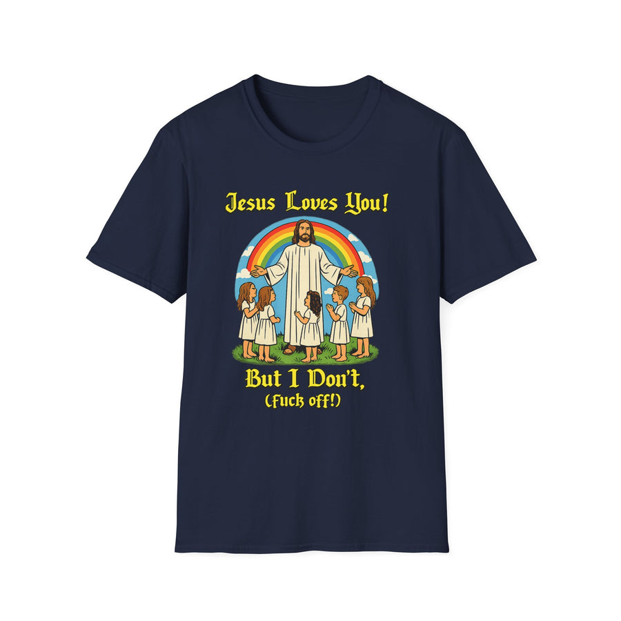 Jesus Loves You But I Don't Dark Humor Tee - Detail Shot | INKHAUS