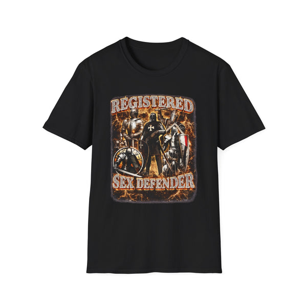 Registered Sex Defender Dark Humor Graphic Tee - Front View | INKHAUS