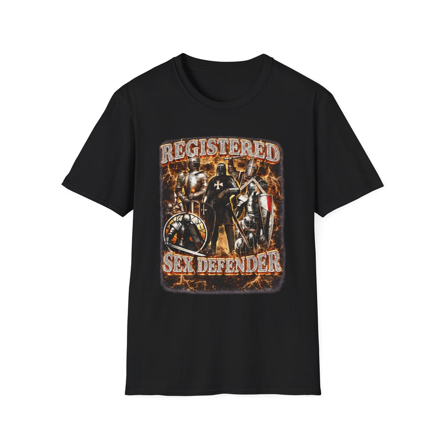 Registered Sex Defender Dark Humor Graphic Tee - Front View | INKHAUS