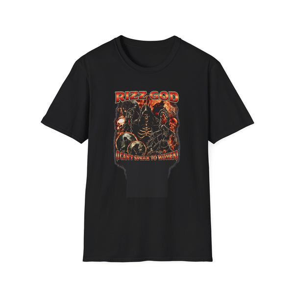 Rizz God I Can't Speak to Women Graphic Tee - Front View | INKHAUS